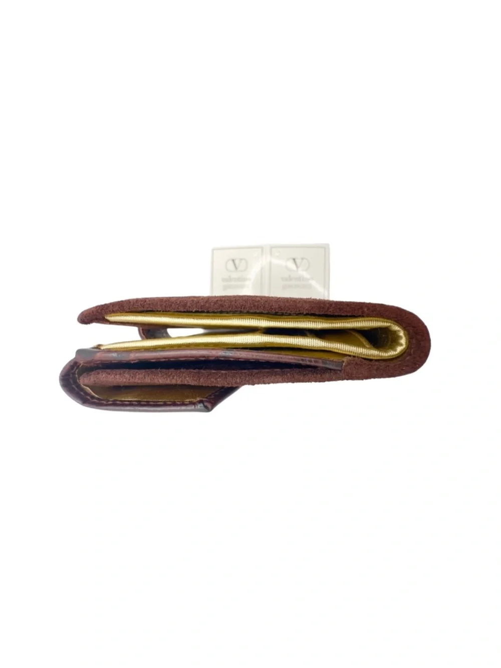 VALENTINO GARAVANI- BURGUNDY BROWN GOLD SUEDE LEATHER COMPACT BIFOLD SNAP WALLET